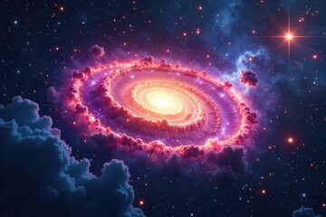 Fototapeta premium Breathtaking Panoramic View of a Vibrant Spiral Galaxy Swirling Nebulae, Distant Stars, and Cosmic Detail, Perfect for Science Fiction, Astronomy, and Space Exploration Projects.