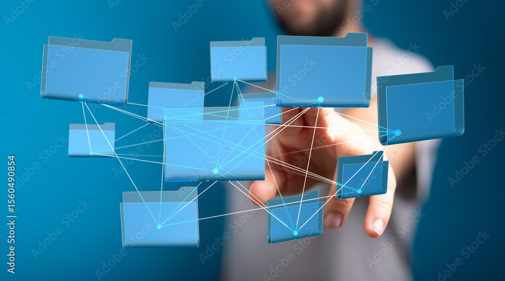 Poster visual representation of interconnected digital files and folders. cloud storage, data management.