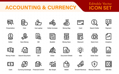 Set of line icons related to accounting, audit, and taxes. Outline icon collection. Business symbols.Income set. Containing money, tax, earnings, payment, paycheck, work, pension, and wages icons.