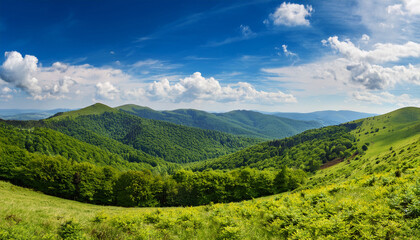 vast panoramic view of bieszczady mountains showcasing rolling green hills and vibrant forest landscapes under a bright sky with scattered clouds ideal for travel and nature themes © Kael