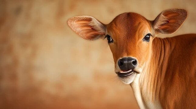 Adorable close-up portrait of a cute brown calf (baby cow) licking its nose with a long pink tongue.

