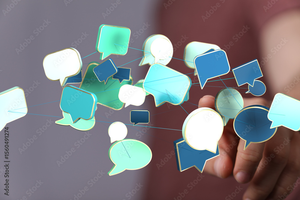 Poster abstract image of interconnected speech bubbles symbolizing global communication and networking.