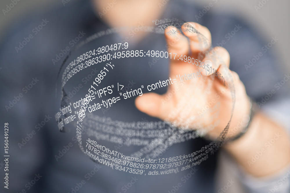 Aufkleber close-up of a hand interacting with a futuristic holographic display showing lines of code.