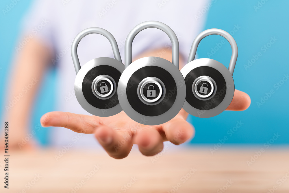 Poster Image of three padlocks in a hand, symbolizing data protection and online security.