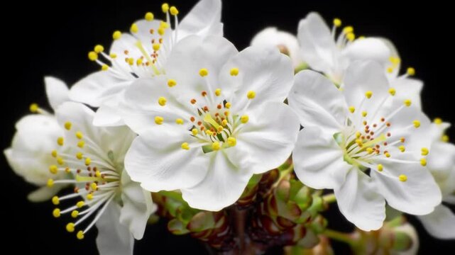 Blossoming Cherry: White Petals and Yellow Stamens Unfolding Against Black Background