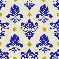 Damask Pattern Vector Design - Blue Yellow Fleur de Lis Damask Pattern Seamless - Royal Baroque Damask Pattern Background for Wallpaper Fabric Textile Print