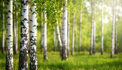 Lush green birch forest with sunlight filtering through leaves, creating a serene atmosphere