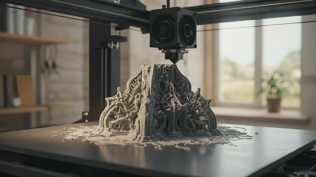 Close-up of a 3D printer creating a complex, modern, art design with additive manufacturing