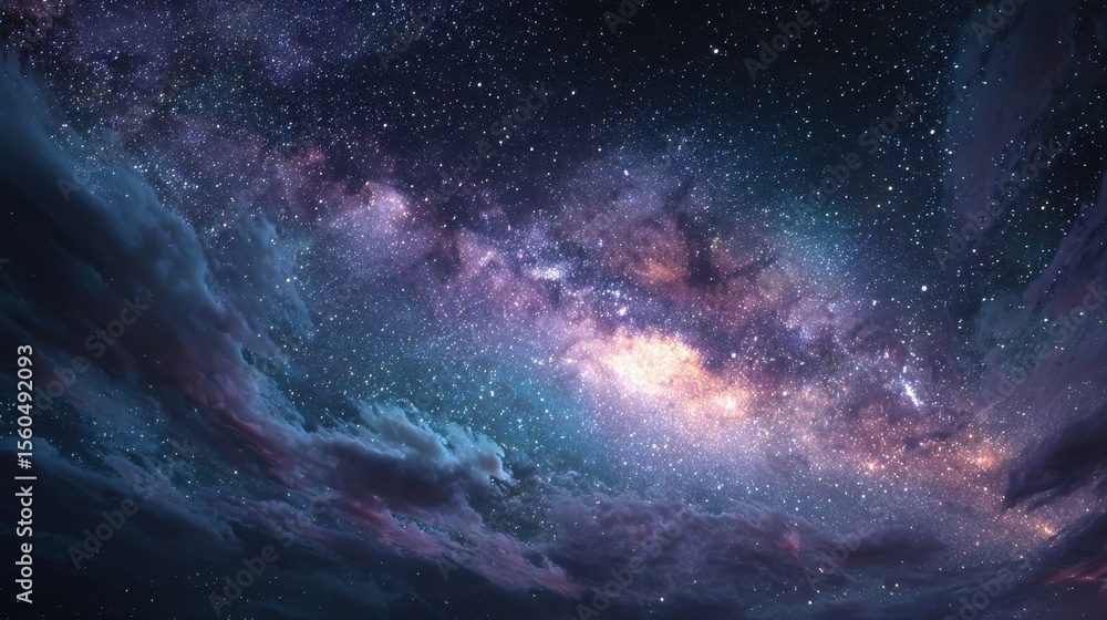 Poster Glimpse of the Milky Way and starry night sky with nebulous clouds in a beautiful atmospheric display of outer space