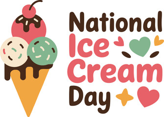Colorful triple scoop ice cream cone with hearts and sprinkles for national ice cream day celebration graphics  