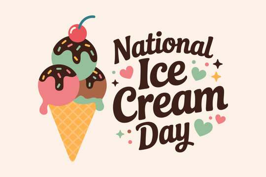 National ice cream day celebration design with double scoop cone and chocolate topping for summer treat print   - Powered by Adobe