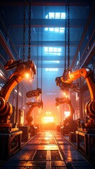 Steampunk Warehouse with Robotic Arms, Chains and Laser Scanners