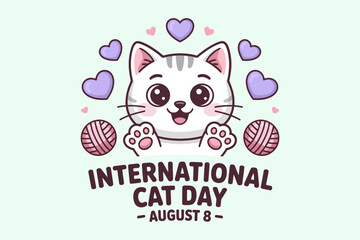 White kitten kawaii badge with yarn icons and paw prints for international cat day august 8 animal sticker  