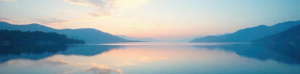Obraz premium Serene Still Lake Landscape Tranquil Water Reflecting Calm Sky, Perfect for Mindfulness, Meditation, and Stress Relief