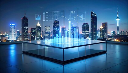 Futuristic city skyline at night with digital data visualization and graphs above a rooftop