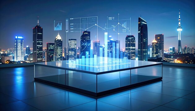 Futuristic city skyline at night with digital data visualization and graphs above a rooftop - Powered by Adobe