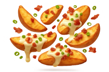 Appetizing potato wedges with toppings, isolated on transparent background.