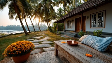 Obraz premium Tranquil House by the Lake Surrounded by Lush Palm Trees