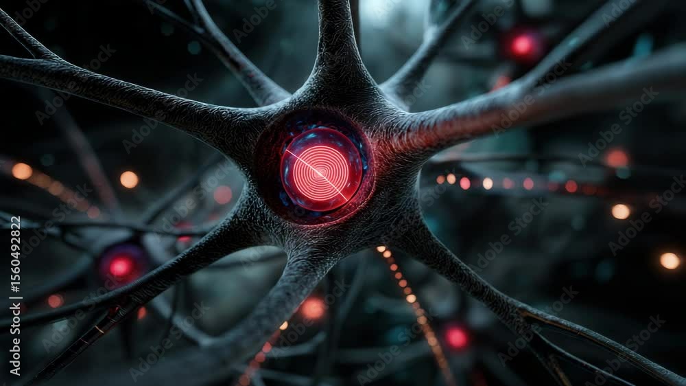 Poster a neuron with a bright red glowing center and dark dendrites, surrounded by an abstract background w