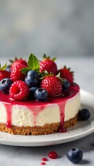 Creamy cheesecake topped with vibrant mixed berries , pastry, overhead, blueberry
