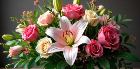 Obraz premium Elegant Funeral Flower Arrangement Lilies, Roses, and Sympathy Tribute