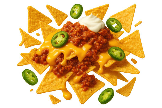 Delicious chili cheese nachos with jalapenos, isolated on transparent background