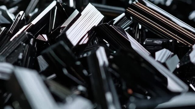 Abstract close-up shot of dark, glossy crystals forming unique geometric shapes with reflective surfaces and light accents