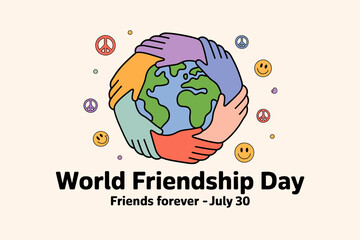 World friendship day badge with globe and hearts celebrating unity and love for july 30 togetherness event  