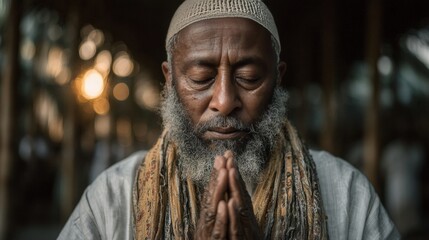 An elderly Indian Muslim man in a white kurta praying in a mosque