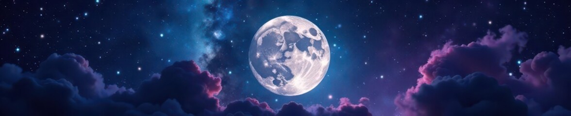 Obraz premium Full moon dominates starry night, cosmic nebulae swirl , milky way, space