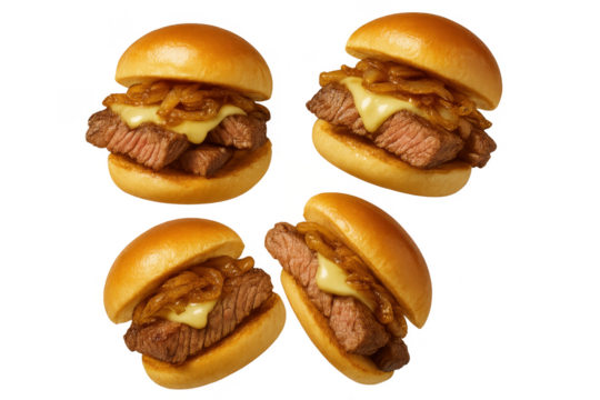 Four gourmet steak sliders with cheese and onions, isolated on transparent background.