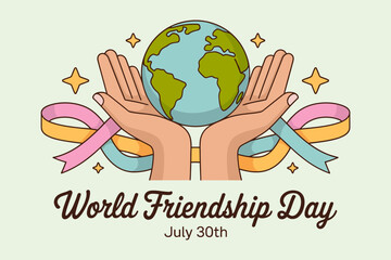 Ribbon and hand holding globe style art for july 30 world friendship day awareness or peaceful unity theme  
