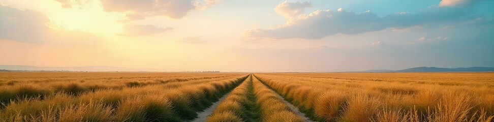 Fototapeta premium Boundless Horizon A Vast Open Landscape Where Earth Meets Sky, showcasing endless fields and subtle color gradations in undisturbed natural beauty.