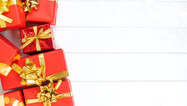 Red gift boxes with gold ribbons arranged on a white wooden surface, leaving ample space for text or design gift background
