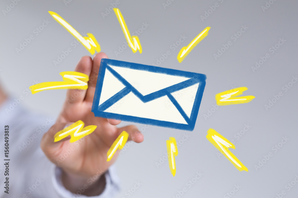 Poster bright, eye-catching image of a hand interacting with an email icon, symbolizing quick communication