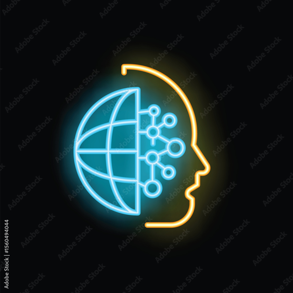 Poster neon icon illustrating the concept of global connectivity with a human head and a brain made of worl