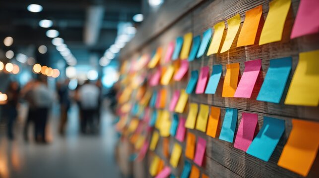 Colorful sticky notes affixed to office glass in a brainstorming session with blurred people visible in the background
