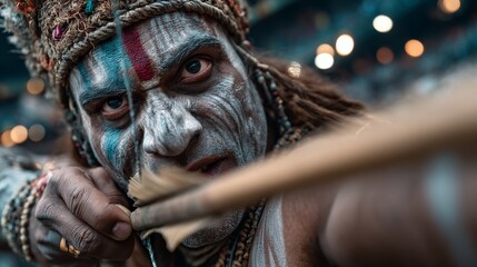 A dramatic reenactment of Lord Rama aiming his bow at Ravana during Ramlila