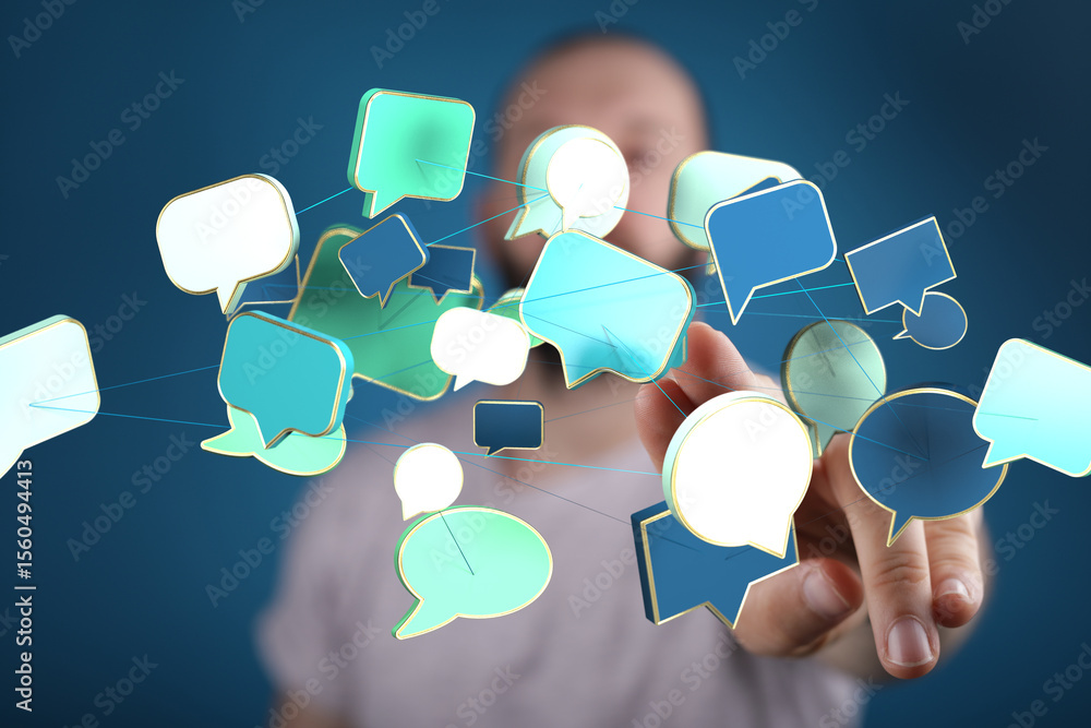 Poster abstract image of interconnected speech bubbles, symbolizing global communication and networking.