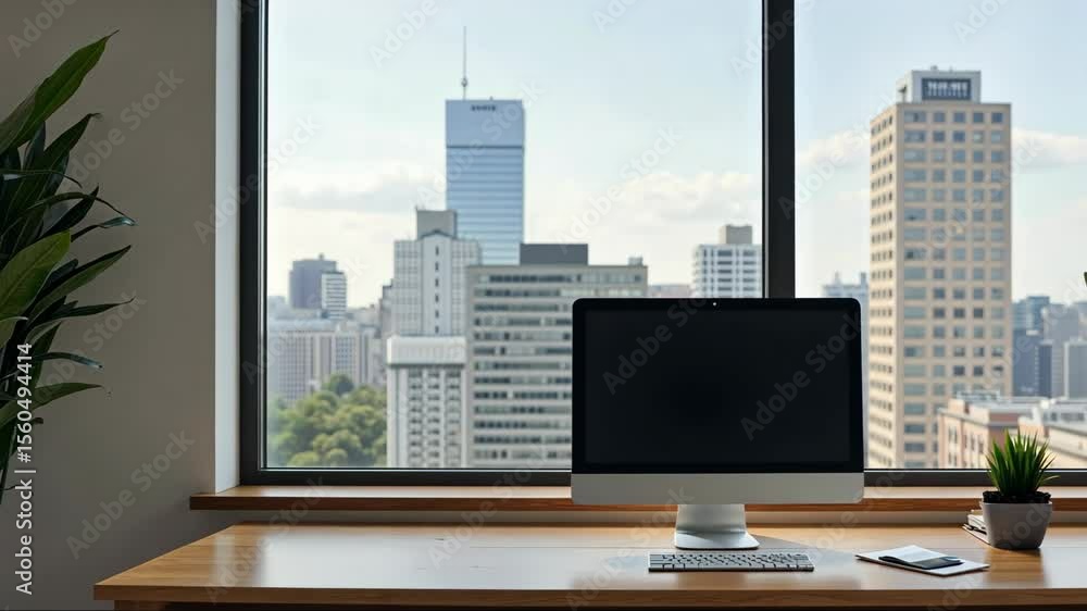 Poster computer monitor sits on a desk in front of a window overlooking a city. the view of the cityscape i