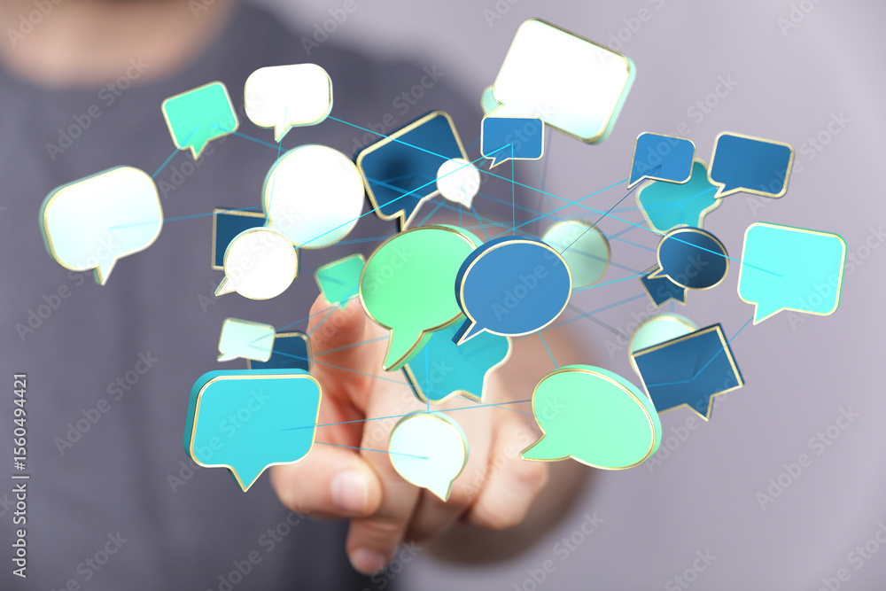 Poster Abstract image of interconnected speech bubbles representing global communication and networking.