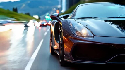 Black sports car is driving down a highway at night. The car is the main focus of the image, and it is moving quickly. The scene is dynamic and exciting