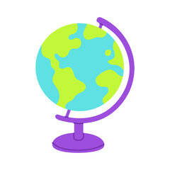 A globe with a purple base and a green and blue globe. The globe is on a white background
