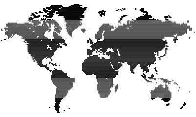 A horizontal line shape world map with pixelated continents forming abstract geography. This modern vector design blends technology and earth. A striking art piece with global symmetry. © Afifa Tazrimin