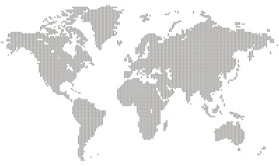 Abstract vertical line shape dotted world map with pixelated continents. A modern global vector illustration of earth and geography. Perfect for infographic and cyberspace design. © Afifa Tazrimin