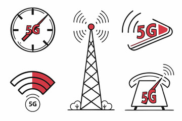 Modern 5G Technology Icon Set Speed Antenna and Mobile Phone Connectivity