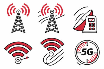 Set of 5G Technology Icons Featuring Speed Antenna and Phone Symbols