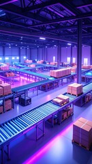 Steampunk Warehouse with Conveyor Belts and Stacked Crates in Haze