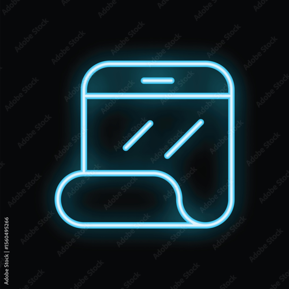Poster blue neon sign depicting a smartphone with three diagonal lines on its screen, isolated on a black b
