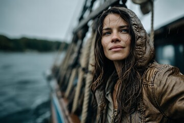 Swedish woman in a rain-soaked leather coat on a small ship during a stormy evening